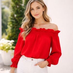 Tuckernuck Smocked Off Shoulder Red Ruffle Blouse Women’s Large Long Sleeve Top